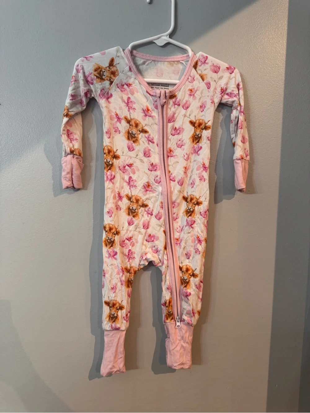 Pink Floral Highland Cow Print Zip-Front Kids One-Piece